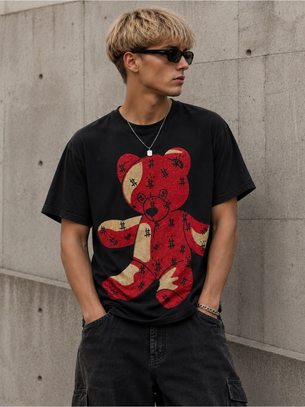 Black Men's Graphic Tee with Red & Cream Teddy Bear Motif